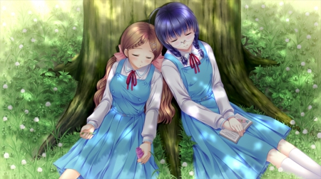 Sleep - shades, cute, anime girl, adorable, girl, shadow, sleeping, sleep, peace, field, tree, pretty, kawaii, sweet, brown hair, anime, peaceful, dress, purple hair, blue, long hair, nice, lovely, female