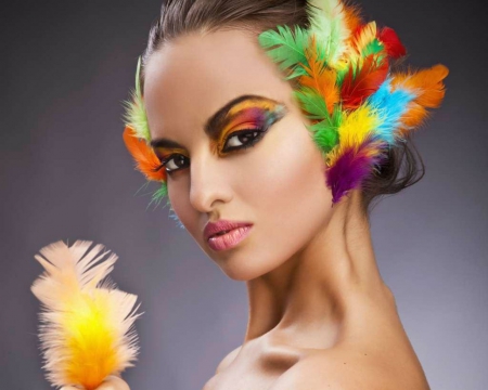 Beauty in Colorful Feathers - woman, face, feathers, model