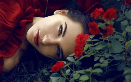 Beauty - red, flower, beauty, model, girl, woman