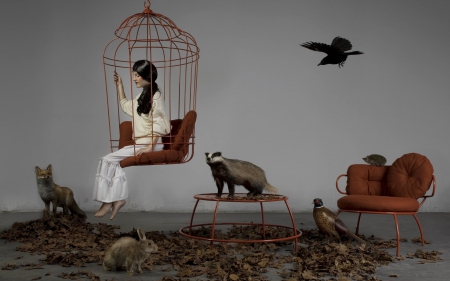 Fantasy - cage, situation, animal, bird, girl, fox, creative, rabbit, fantasy, bunny, woman