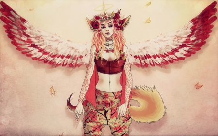 Angel - feather, tail, red, yellow, girl, earrs, wings, ahri, league of legends, woman, angel