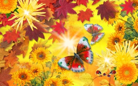 Autumn Sun - sunflowers, autumn, viola tricolor, sun, light, shine, ladybugs, fall, leaves, flowers, butterflies