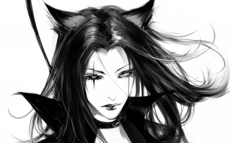 Ahri - draw, league of legends, fox, girl, black, fantasy, white, Ahri, earrs, woman