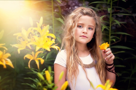 Child photography - girl, yellow flowers, child photography, portrait