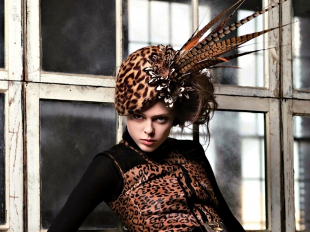 Coco Rocha - feather, make-up, black, model, girl, brown, coco rocha, hat, woman, fashion