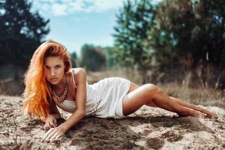 The red-haired girl, - the Fox, the red-haired girl, nature, view, dress, sand