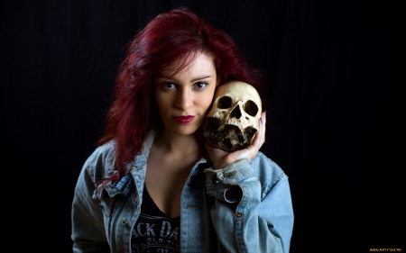 girl with skull - skull, pose, redhead, girl