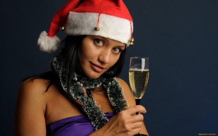 girl with drink - santa, beauty, drink, cap