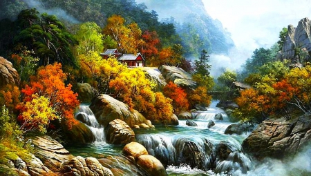 Wildwater canyon - season, houses, autumn, water, colorful, canyon, river, beautiful, splendor, stones, rock, color