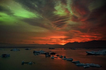 Aurora and Volcanic Light Pillar - space, cool, field, fun, nature, stars