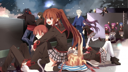 Little Buster Characters - little busters, anime girl, seifuku, black hair, brown hair, anime guy, blonde hair, anime, ribbon, busters, short hair, little, school, ponytail, twintails, pink hair, night, long hair, purple hair, boots, blue hair, roof, bow, uniform, white hair