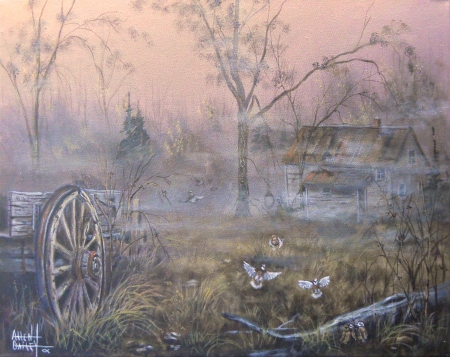 The Wagon Wheel Gang - morning, farm, quail, foggy, wagon wheel, fall, october, forest, wagon, abandoned