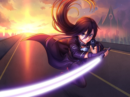 Kirito - pretty, point, scene, night, evil, light, closeup, armor, pistol, sword art online, sao, nice, gun gale online, gun, hot, kazuto kirigaya, sword, beauty, blade, cg, angry, pointing, sexy, close up, anime, kazuto, evening, guy, long hair, boy, male, splendid, lowing, kirigaya, hd, kirito, ggo, kirigaya kazuto, running, beautiful, run, lack, cool, lovely, sweet, glow, glowing, fantasy, handsome, sinister, awesome, black hair