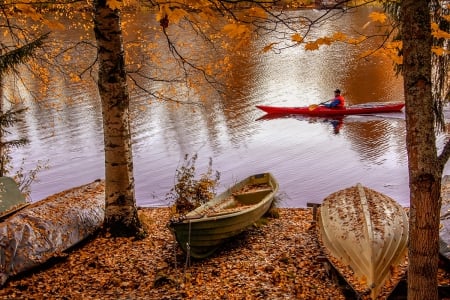 Autumn canoeist - trees, lonely, beautiful, lovely, reflection, leaves, calmness, boats, fall, river, nature, autumn, serenity, lake, park, canoe