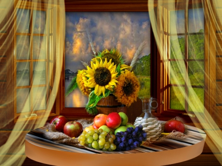 Autumn still life - autumn, sunflowers, still life, view, fall, home, pretty, evening, house, fruits, bouiquet, lovely, vase, wildnow, cozy, beautiful, flowers