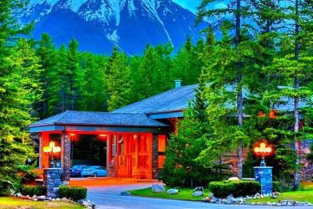 CANADIAN ROCKIEs HOTEL - sky, landscape, places, hotel, nature, clouds, wild forest, mounains, resort