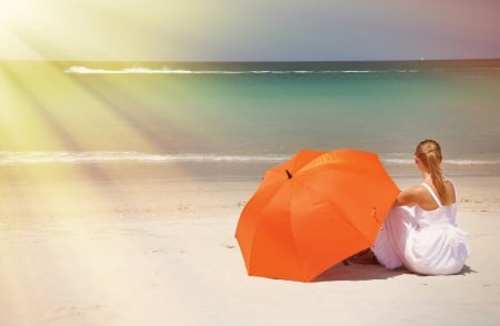 Summer Mood - women, clouds, water, beach, lovely, rays of sun, sand, umbrella, waves, sun, sky