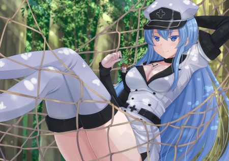 Hammock - pretty, anime, female, bluye, long hair, uniform, blue hair, hd, nice, net, anime girl, beautiful, hot, girl, hammock, beauty, lovely, sweet, swing, cg, white, sexy