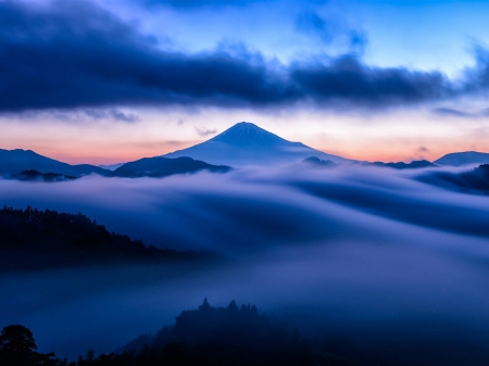 Mountain - style, sky, clouds, mist, mountain, blue, snow