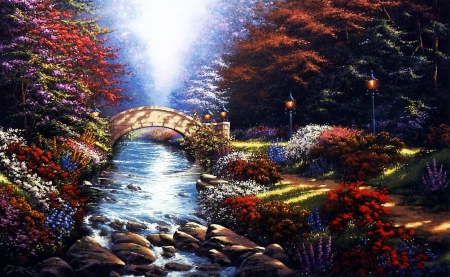 Pathway of Dreams - fall, creek, stones, bridge, artwork, trees, colors, painting, autumn