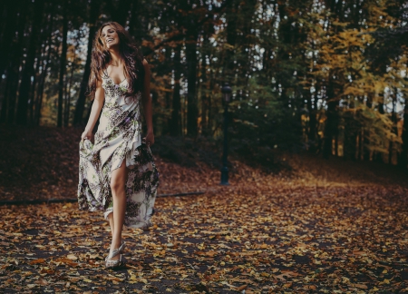 Women - girl in dress, autumn, smile, foliage