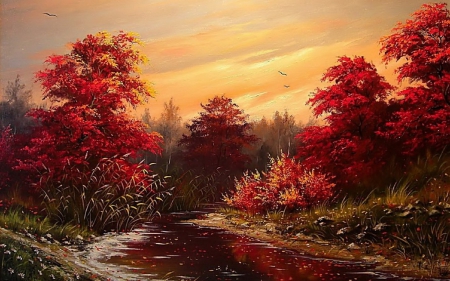 Autumn - red, fall, hodakov, water, art, apinting, orange, tree, autumn