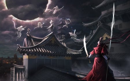 Samurai - red, fantasy, mark yang, temple, game, asian, samurai, art