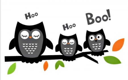 Hoo hoo boo! - bird, branch, vector, orange, owl, black, white, green, word, halloween, cute