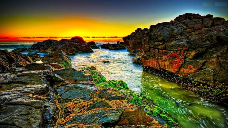 Colorful Sunset - cliff, sky, rocks, water, sunlight, sea