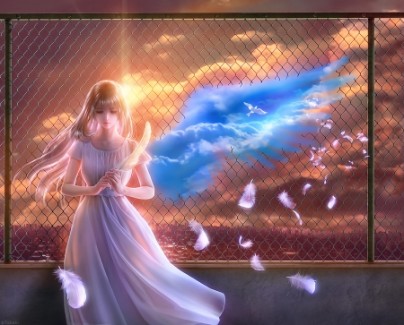 Memories of Blue - maiden, sublime, blonde, splendid, blond, magic, scenery, fantasy, sunset, cloud, magical, ray, awesome, anime, takaki, cg, sunlight, glowing, lovely, female, realistic, gown, blond hair, beautiful, girl, anime girl, wings, gorgeous, lady, light, feather, sundress, pretty, wing, beauty, sweet, hd, dress, sky, long hair, fantasy girl, nice, scene, sunray, sunrise, angel