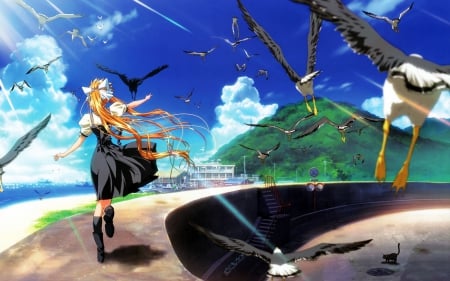 A I R - dove, anime girl, blond hair, blonde hair, kamio, featehr, fly, kamio misuzu, air, adorable, long hair, d, flying, sweet, dress, happy, nice, sky, female, blond, pretty, cloud, walk, anime, cute, scene, girl, walking, lovely, bird, cg, hd, kawaii, pigeon, scenery, misuzu, blonde