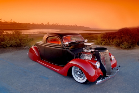 Lowriding Hot Rod - lowered, sunset, street rod, hot rod