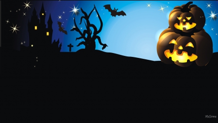 Creepy Jacks - Halloween, night, stars, haunted house, tree, bats, jack o lanterns, gravestone, cross