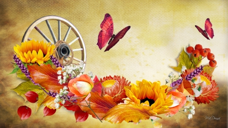 Autumn On Display - sunflowers, pods, leaves, fall, wagon wheel, rope, autumn, butterfly, string