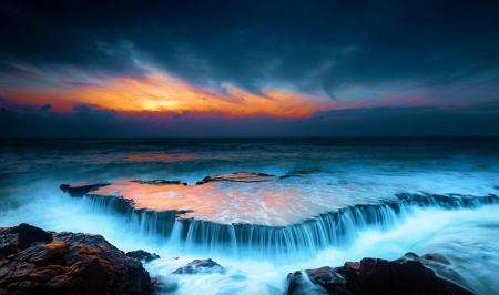 Turbulent Sea - clouds, sunset, coast, cliff, rocks, sky