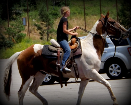 Country Girl On Horseback - trees, car, horse, country girl