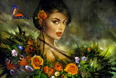 Beauty and Nature - wallpaper, digital, beautiful, flowers, photoshop, girl, art, serene, cg, butterflies, fantasy, lovely, woman