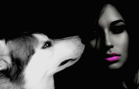 Beautiful Friends - husky, beautiful, photography, girl, dog, friendship, pink, lips, color splash, woman, face, black and white, art