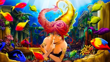 Naughty Mermaid - colorful, wallpaper, fantasy, art, pretty, beautiful, mermaid, fish, digital, cute