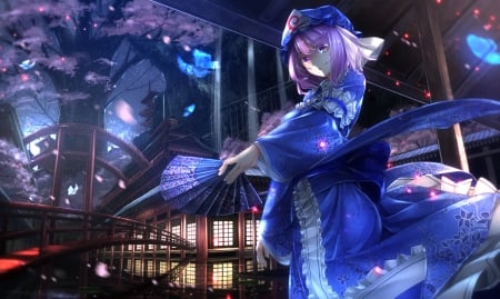 Night World - nice, beauty, fan, female, creepy, anime girl, gloom, saigyouji yuyuko, petal, touhou, home, pretty, sinister, dark, anime, house, scene, building, creep, gloomy, girl, light, pink hair, night, lovely, cg, hd, beautiful, sweet