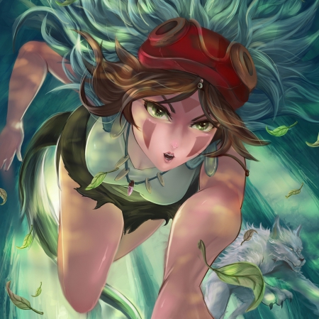 Mononoke Hime - pretty, anime, female, wolf, closeup, long hair, mononoke hime, gorgeous, hunting, hd, nice, mononoke, tattoo, anime girl, realistic, running, princess mononoke, beautiful, run, girl, beauty, lovely, sweet, cg, awesome, close, close up