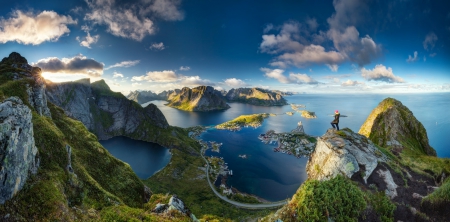 Sunrise At Lofoten, Norway - ocean, town, clouds, islands, beautiful, mountains, sunrise, artic