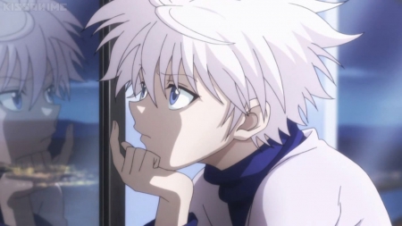 So Bored - pretty, anime, kawaii, killua, guy, reflection, white hair, boy, male, short hair, hunter x hunter, zoldyck, nice, silver hair, killua zoldyck, lovely, sweet, cute, adorable