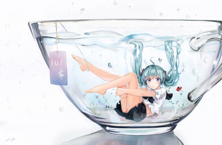 A Cup of Miku Tea - hatsune miku, blue eyes, barefoot, bubbles, underwater, teacup, blue hair, vocaloid, anime, fish