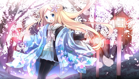 Hana N. Fountainstand - blonde hair, blue eyes, anime, long hair, japanese clothes, cherry blossoms, hanayamata, hana n fountainstand