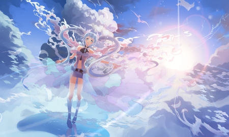 ~Heaven's Glory~ - sunlight, anime, vocaloid, boots, kneehighs, hatsune miku, blue hair, ponytails, navel, feathers, sky, blue eyes