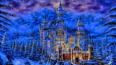 CASTLE ART - abstract, fantasy, blue, digital art, art, castle