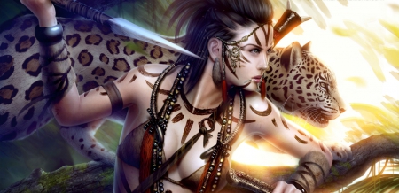 woman warrior - woman, leopard, spear, warrior