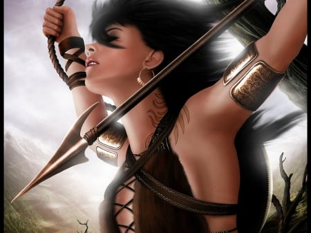 woman warrior - spear, warrior, rope, woman