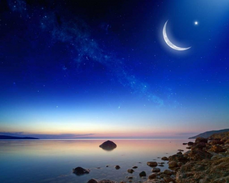 Blue Sky - moon, sky, seaside, nature